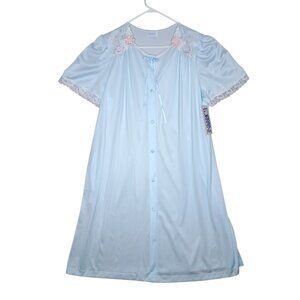 Vintage Lorraine Nylon Nightgown Robe Peignoir Sz Large Embroidered Blue 70s NEW